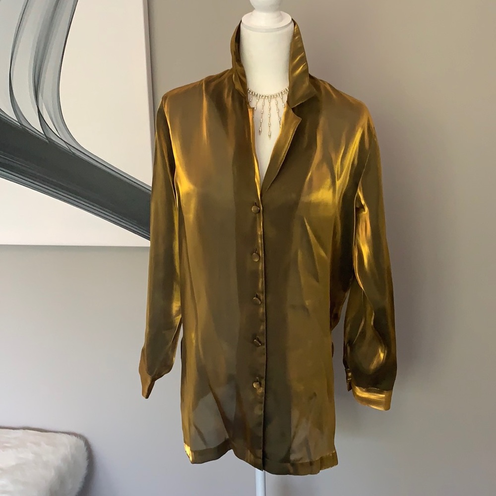 Chicos gold shimmer sheer L/S cocktail blouse top